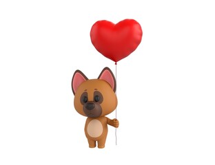 German Shepherd Dog character holding heart balloon in 3d rendering.