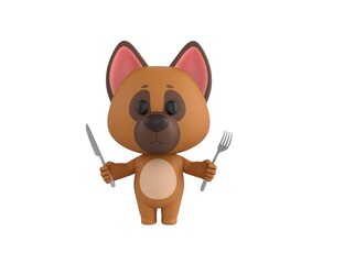 German Shepherd Dog character holding cutlery in 3d rendering.
