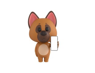 German Shepherd Dog character showing his phone in 3d rendering.