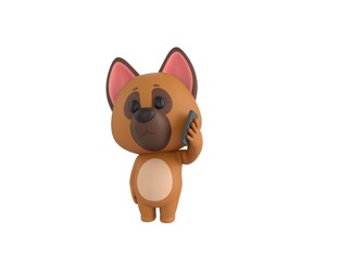 German Shepherd Dog character holding smartphone near ear in 3d rendering.