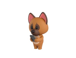 German Shepherd Dog character types text message on cell phone in 3d rendering.