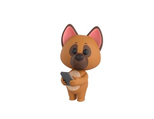 German Shepherd Dog character using smartphone and looking to camera in 3d rendering.