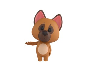 German Shepherd Dog character looking to camera and pointing hand to the side in 3d rendering.