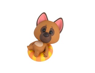 German Shepherd Dog character sitting on the inflatable ring in 3d rendering.