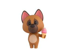 German Shepherd Dog character holding strawberry ice cream cone in 3d rendering.