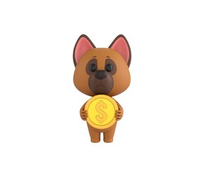 German Shepherd Dog character holding golden dollar coin in 3d rendering.