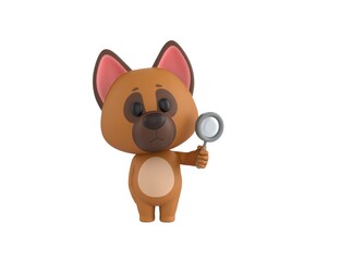 Naklejka premium German Shepherd Dog character holding magnifying glass in 3d rendering.