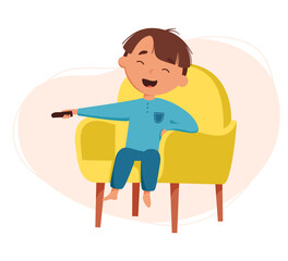 Cute boy watching TV vector illustration. Daily routine. Schedule. Illustration on abstract background