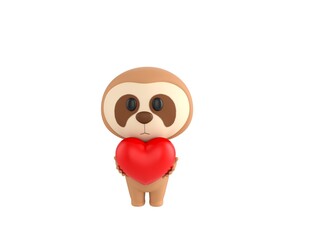 Little Sloth character giving red heart in 3d rendering.