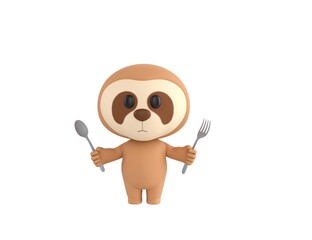 Little Sloth character holding fork and spoon in 3d rendering.