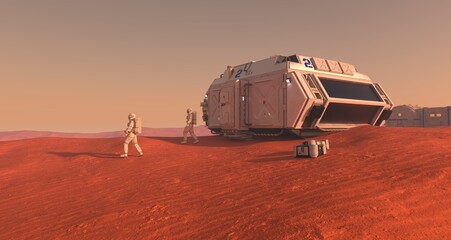 Mars colony. Expedition on alien planet. Life on Mars. 3d Illustration. © elenaed