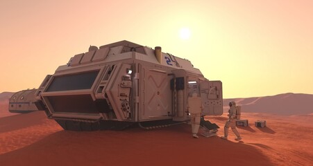 Mars colony. Expedition on alien planet. Life on Mars. 3d Illustration. - 525242378