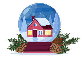 A snow globe with a house on the background of a snow-covered forest.