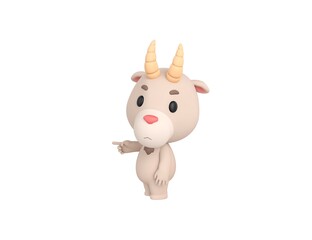 Little Goat character pointing index finger to the left in 3d rendering.