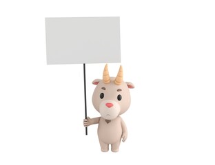 Little Goat character holding blank banner in 3d rendering.