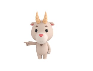 Little Goat character pointing his finger to the left in 3d rendering.