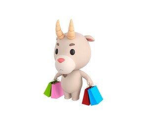 Little Goat character carrying colorful shopping bags in 3d rendering.