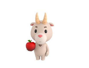 Little Goat character holding red apple in 3d rendering.