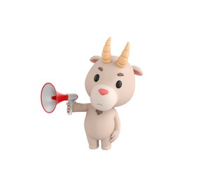 Little Goat character speaking in megaphone in 3d rendering.