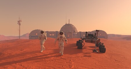 Mars colony. Expedition on alien planet. Life on Mars. 3d Illustration.