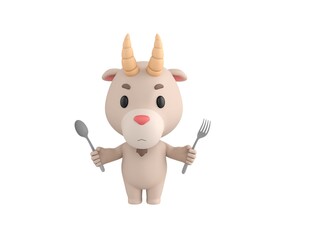 Little Goat character holding fork and spoon in 3d rendering.