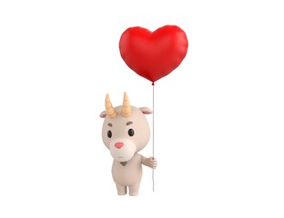 Little Goat character holding heart balloon in 3d rendering.