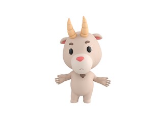 Little Goat character spreading his hands in 3d rendering.