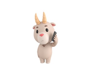 Little Goat character holding smartphone near ear in 3d rendering.