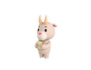 Little Goat character eating sandwich in 3d rendering.