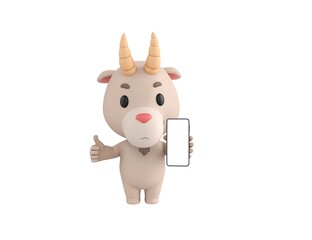Little Goat character show his phone and give thumb up in 3d rendering.