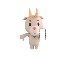 Little Goat character show his phone and give thumb down in 3d rendering.