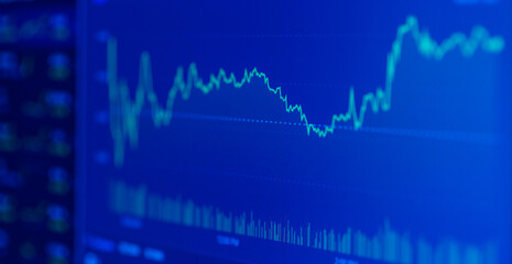 Stock market upwards chart on the screen. Selective focus.Low angle.Banner,advertisement.