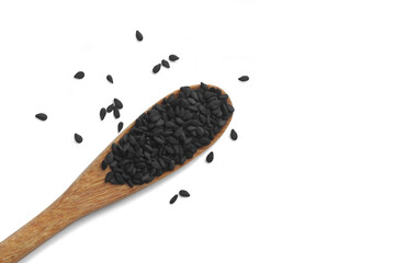 Top view of black sesame seeds in a wooden spoon.