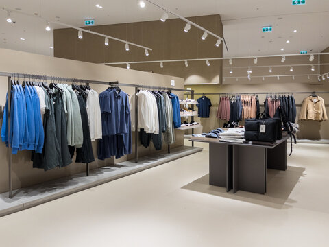 Moscow,Russia 08 23 2022 COS magazine shop in Paveletskaya plaza station , man and women modern clothes h m shopping 