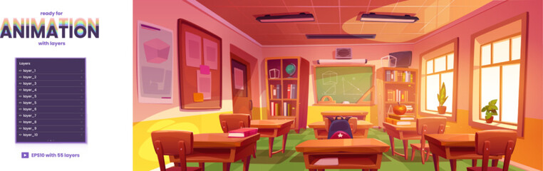 Classroom interior template ready for animation with separated layers. School class room with teacher table, student desks, blackboard, cupboard with textbooks, Cartoon vector parallax background