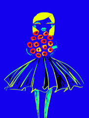 fashion illustration. girl with bouquet flowers and in fluffy skirt. creative trend color