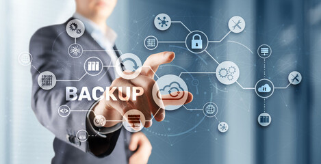 Backup Storage Data Technology concept. Businessman touching Backup