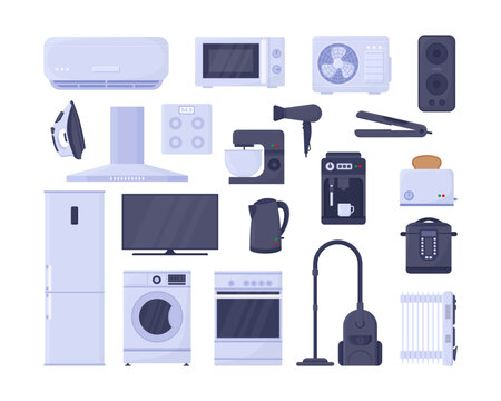 Electronic appliances for home vector illustrations set. Television, iron, fan, gadgets for kitchen, refrigerator, oven, microwave, cooker, washing machine. Household, technology, interior concept