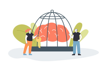 Woman holding key to lock on cage with brain of old man. Mental prison of elderly mind flat vector illustration. Alzheimer, dementia, disability concept for banner, website design or landing web page