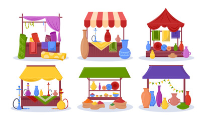 Different souk trade tents vector illustrations set. Oriental bazaar or street marketplace with pottery, merchant stalls on white background. Marketing, Middle East, Thailand or India concept