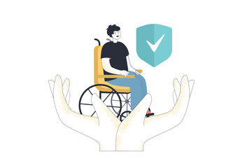 Hands holding person sitting in wheelchair. Help and medical care for tiny man with disability flat vector illustration. Insurance, medicine concept for banner, website design or landing web page