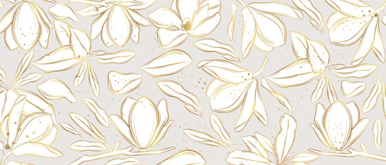 Vector banner with magnolia flowers on a gray background. Line art style.