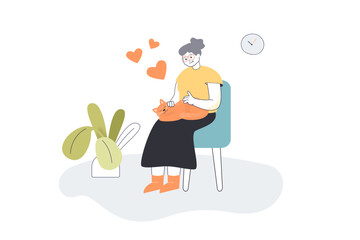 Grandmother holding cat with love and care. Elderly woman sitting with kitten in comfort home chair flat vector illustration. Relax with animal concept for banner, website design or landing web page