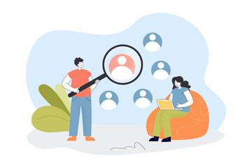 Man looking through magnifying glass at persons profile. Recruiting of tiny male and female HR workers flat vector illustration. Job, choice concept for banner, website design or landing web page