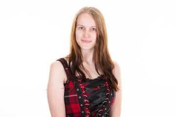 beautiful young portrait caucasian woman in fashion dress under white background