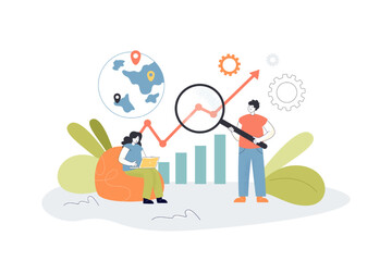 Business research of metrics and chart by tiny people. Man looking through magnifying glass flat vector illustration. Development, analysis concept for banner, website design or landing web page
