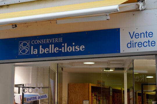 La Belle iloise logo brand and text sign entrance of French cannery store selling canned Breton fish such as sardines shop from Quiberon brittany