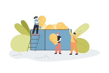 Employees putting light bulbs in box for happy businessman. Suggestions and new idea from tiny man and woman flat vector illustration. Innovation concept for banner, website design or landing web page