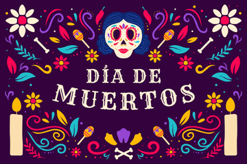 Dia de muertos, day of dead illustration with womens skull, candle, and maracas