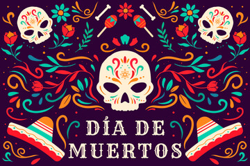 flat Dia de muertos, day of dead background illustration with ornament, sombrero, and maracas